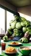 Placeholder: Hulk is sitting at a table with a big breakfast