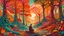 Placeholder: A surreal landscape with twisted, colorful trees and a figure sitting on the ground in the foreground, the background featuring a vibrant, dreamlike forest scene with a variety of textures and patterns