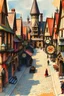 Placeholder: A detailed medieval steampunk fantasy town square on parchment, with watercolor effects, paint splotches, and brush texture, in vibrant colors, featuring clockwork machines and cobblestone streets.