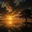 Placeholder: Create an image of a surreal sunset over tranquil lake, radiant golden sunlight streaming through dramatic clouds, lone tree at water’s edge, perfect mirror reflection, warm hues of gold, orange, and deep blue, ethereal atmosphere, cinematic lighting, ultra-detailed textures, emotional and inspirational mood, wide-angle composition