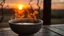 Placeholder: reflective ceramic bowl of steaming liquid, sunset in background, romantic, inviting, photographic image, realistic, surrealism