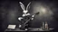 Placeholder: photorealistic deppressed dark melancholic sad Bugs bunny deppressed doing music rock and roll dark heavy metal on a scene alcoholic, ciggaretes ciggaretes ciggaretes sad sad sad sad