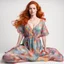 Placeholder: A lying full-body redhead woman in a colorful nightgown on a white background