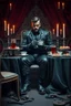 Placeholder: { "prompt": "A SUPER dark, moody, surreal scene of a rugged auto mechanic at a decadent high tea. He wears a fitted DRESS, oil-stained leather jumpsuit styled like high fashion, with torn gloves and polished steel-toe boots. His face is half-shadowed, grease smeared like war paint. He sits at a grand, candlelit tea table draped in black velvet, where tarnished silver trays overflow with eerie pastries, cracked porcelain cups, and blood-red tea. Rusted wrenches and gears are scattered