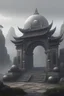 Placeholder: Stone structure with spherical theme. Big details. No asian elements. No hard shapes. Carved in mountain, big gate leading into mountain. Style: nintendo, concept art. Mood: foggy, desaturated