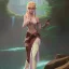 Placeholder: a gorgeous adventurer princess in a revealing dress dancing by a fantasy waterfall, zelda