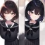 Placeholder: Clear focus, High resolution, fluffy black short hair, dark green eyes, wearing a black sailor uniform and pleated black skirt, fluffy hair, detailed outfit, wearing red makeup