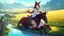 Placeholder: Girl, horse muzzle, horse tail, sit, farm, river,