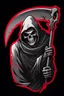 Placeholder: Grim-Reaper gripping scythe, vignette, black and white graphic novel style with a red outline, and black background,