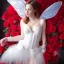 Placeholder: fantasy fairy with sheer white wings, short flowing red dress and in bed of roses