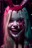 Placeholder: horror tale,girl, bunny hair, blonde girl, wonderland, mask slime, out mind, girl smiling, creepy, dripping blood, shattered glass,darkpink tones, realistic photograph , 3d render, octane render, intricately detailed, cinematic,