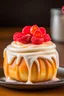 Placeholder: In a Disney style, a Portrait of a single Puff pastry cinnamon roll Topped with a generous drizzle of sweet cream cheese frosting.