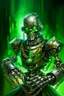 Placeholder: book illustration, oil painting portrait of metallic green faced slightly knightly smirking robot vampire holding small earth in chain, bokeh , high detail, smooth render, prize winning