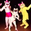 Placeholder: 1980s photo of new year's party monkey with dancing cats