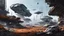 Placeholder: ground-level futuristic sci-fi clearing in a scrap yard for spaceships, surrounded by broken and rusty space ships and buildings, star wars