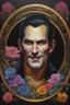 Placeholder: Count Dracula's face inside a gold circle, multicolored, large, Floral/rainbow designs, atmospheric, beautiful, bright, vibrant colors, pitch-black background, oil painting by Boris Vallejo, 4k UHD, Photorealistic, professional quality