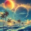 Placeholder: 1980's vaporwave aesthetic palm trees with lightning with solar eclipse in the ocean waves sunset