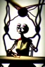 Placeholder: a surreal abstract image of a woman seated on a table,facing to the front ,she is connected to string like a puppet, arms in air, moved by the strings, puppet like features in the face, beautiful face, behind her also facing the front is the puppet master,is a huge image of a man holding the strings, creepy gothic character,.zoomed in, dark and shadowy background with selective lighting on the woman, gothic and chaotic