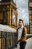 Placeholder: an man standing in front of big ben looking at camera,closeup