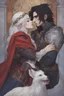 Placeholder: A couple from the dnd game curse of Strahd kissing. She has white hair he has long black hair.