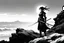 Placeholder: (in the style of Orion, by Masamune Shirow) Optimized Prompt (Art by Claudia Andujar, infrared, high-contrast black and white film photography) A solitary female samurai, the absolute final warrior of her slaughtered clan, is captured as a stark silhouette. She stands on a jagged cliff edge at the rugged coastline of Honshu. The sun has dipped below the horizon, leaving only a ghost of light—a thin, etched line against the fading, twilight sky. Her posture is a heavy monument to exhaustion and d