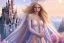 Placeholder: castle in background, beautiful, soft, big smiling, straight and long blonde hair, blues eyes, dewy and shiny atmosphere, diamond crown, long fairy wings in the back, full head, pink veil clothes