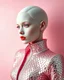 Placeholder: pink ,back ground ,A mesmerizing fusion of intimate abstraction and surreal futurism, depicting a striking female albino figure adorned in a breathtaking silver chrome-scaled suit. The intricate structure of the suit echoes the hyper-fractal nature of a coherent hyper-position lattice, creating a dynamic interplay of light and form that seems almost otherworldly. Her presence is both mysterious and seductive, yet tinged with an innocent vulnerability, as she gazes outward with an expression of