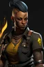 Placeholder: a female fire genasi archaeologist with black skin, a mohawk hairstyle and tattoos wearing a cargo shirt