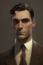 Placeholder: human, mid-fifties, smart brown suit, handosome, noble, short salt-and-pepper hair, clean-shaven, very dark eyes and stern gaze