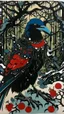 Placeholder: A contemporary serigraphy by Matisse and Kunisada of a human-raven adorned in a punk leather jacket within a snowy Christmas atmosphere.