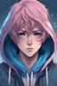 Placeholder: An anime man with messy short pink hair and narrow blue eyes wearing a hooded jacket Realistic.