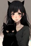 Placeholder: Beautiful girl with black hair holding a black cat anime