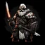 Placeholder: darkest dungeon style character art: black-skinned dwarf man with white hair and, wearing armour and wielding a shield and sword