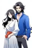 Placeholder: Anime man with beard, handsome and happy. Standing with Beautiful anime woman with black hair. Utopian universe