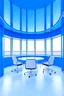 Placeholder: Offices office room hanging on the walls in an oval shape and the color of the walls is blue and the floor is white and the shape of the offices is curved and the office contains four chairs