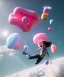 Placeholder: Ultra realistic speed clouds sky scene, wide angle view, sweet childs falling down, inflatable color clothing, free jumping flying, many trinkets, hair monster, many jelly beans, balls, color smoke, smile, happy, circus style, extreme, wind, clouds sea, 20,000 feet altitude, stratosphere, soft color, highly detailed, unreal engine 5, ray tracing, RTX, lumen lighting, ultra detail, volumetric lighting, 3d, finely drawn, high definition, high resolution.