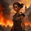 Placeholder: a dark haired tiefling woman in a sleeveless battle outfit, a face like emma watson, amidst town ruins with fires burning, photo quality