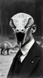 Placeholder: An old picture style of black and white mono very bad quality looks very old camera picture with cracks of a a man wearing a black suit his Face Is a cobra snake face , the year 1900 in the background from a distance dinosaurs