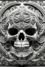 Placeholder: A skull-centric mandala artwork, where the skull's outline is filled with intricate geometric patterns, reminiscent of ancient tribal tattoos, the white canvas serving as a striking contrast, enhancing the intensity of the design, Sculpture, intricate clay modeling,