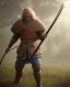 Placeholder: strong medieval men warrior with blond short hair, blue eyes and wide warm smile with an axe with green and brown clothes