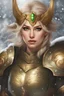 Placeholder: Fantasy art, woman valkyrie, blond short hair, beautiful woman, golden armour, snow background, green eyes,