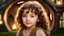 Placeholder: little young hobbit girl toddler, beautiful, confident, calm, wise, happy, innocent, facing camera, head and shoulders, curly hair, hobbit clothing, perfect eyes, LOTR village, hobbit homes with circular windows and circular doors, night scene, stars, fireflies, 16k artistic photography, exquisite composition, photorealistic concept art, soft natural volumetric light, chiaroscuro, award-winning photograph, masterpiece, style William-Adolphe Bouguereau