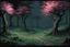 Placeholder: Night, trees, flowers, japanese manga style, horror gothic fantasy spring, rocks, friedrich eckenfelder impressionism paintings