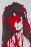 Placeholder: Line drawing, bright red ink on white paper, lady, facing forward, kneeling in an alleyway, bruised face and arms, torn clothing, hands raised in front of face face for protection, partially shrouded in shadows