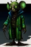 Placeholder: Artist Jean-Baptiste Monge style. A old biomorph male humanoid with Ant face. Bright eyes. A green and blue striped outfit. Modifiers: Tim Burton Craig Rutkowski Modifiers: neon glowing Iridescent black ink