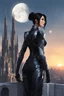 Placeholder: A slim Woman With Black Hair, Wearing an android-looking suit, standing sideways On a ledge of a building, with a waning moon Behind Her Head, towering spires and buildings highlighted by the setting sun