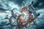 Placeholder: Dynamic complex hypnotic fractal 3D structures twisting and morphing between organic and geometric forms with horizontal Symmetry, smooth translucent iridescent glass with inner glow and bubbles, varied transparent materials, stormy skies, intense dramatic