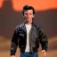 Placeholder: wide view young Plastic Fonzie with black hair greaser toy Action figure doll 1975 (thumbs-up) (face) Forehead grin, fonzarelli, jukebox background, eyes