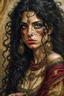 Placeholder: striking Romani woman with smoldering, kohl-rimmed brown eyes that seem to hold centuries of untold stories, her gaze both melancholic and magnetic. Her full lips part slightly as if whispering a half-remembered incantation, while a cascade of wild, raven-black curls tumbles over one shoulder, entwined with gold coins and crimson ribbons. The muted palette—burnt ochre, deep plum, and shadowy sepia—evokes Gustav Klimt’s gilded eroticism, but with Aubrey Beardsley’s sinuous, ink-like precision in