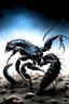 Placeholder: Black emperor Scorpio emblem on a burning landscape background With its Tail curled up behind his back ready to strike and from claws grasping under a storming sky with blue lightening striking around it